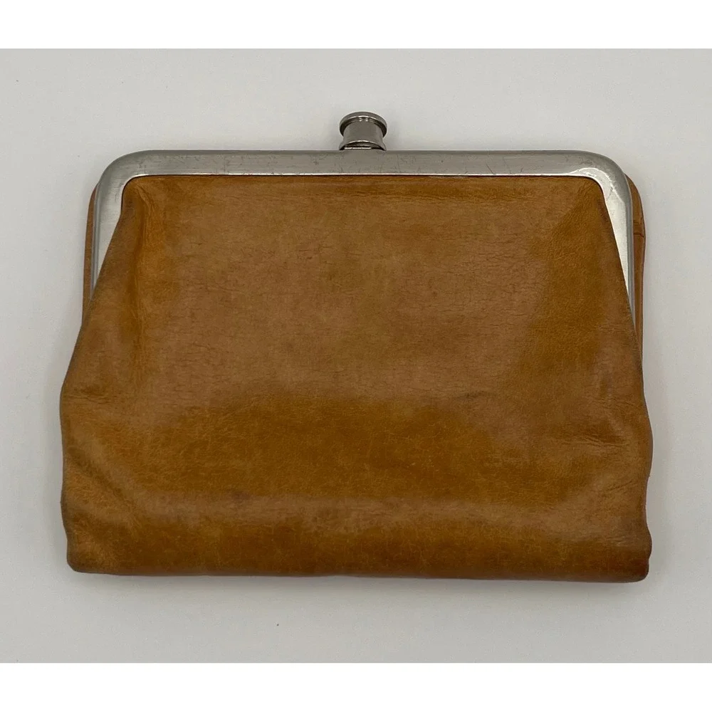 Hobo International Tan Leather Lauren Bifold Kiss Lock Wallet Floral Lining 4x5